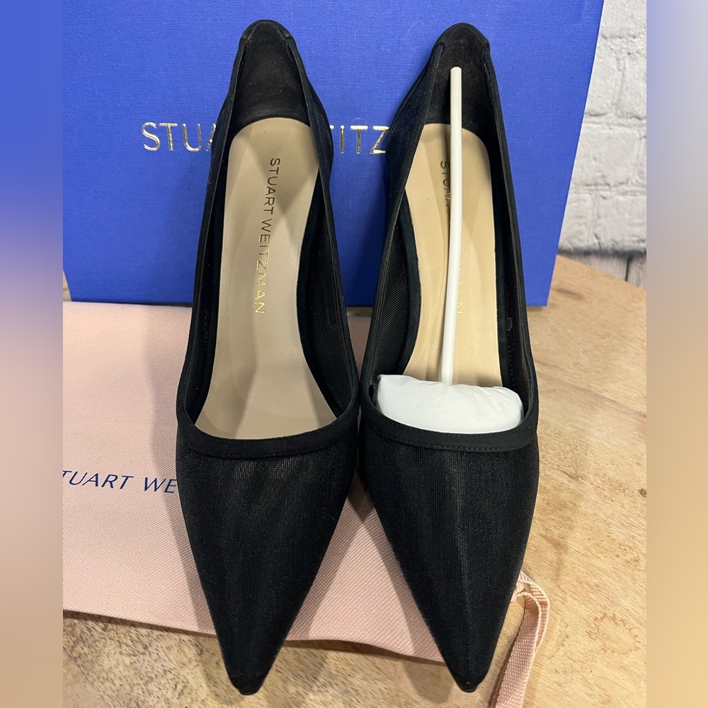 Stuart Weitzman Black Pointed Toe Mesh Stiletto Pumps - Picture 5 of 12